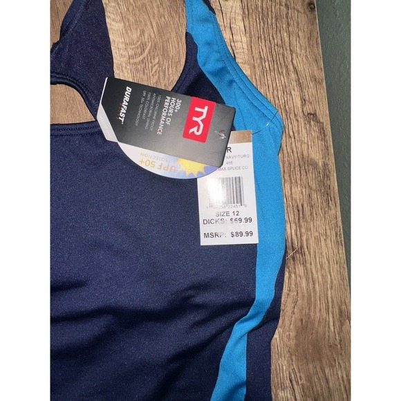 TYR Women's Max Splice  One Piece Racerback Padded Swimsuit Navy & Torq Size 12 - Picture 3 of 4